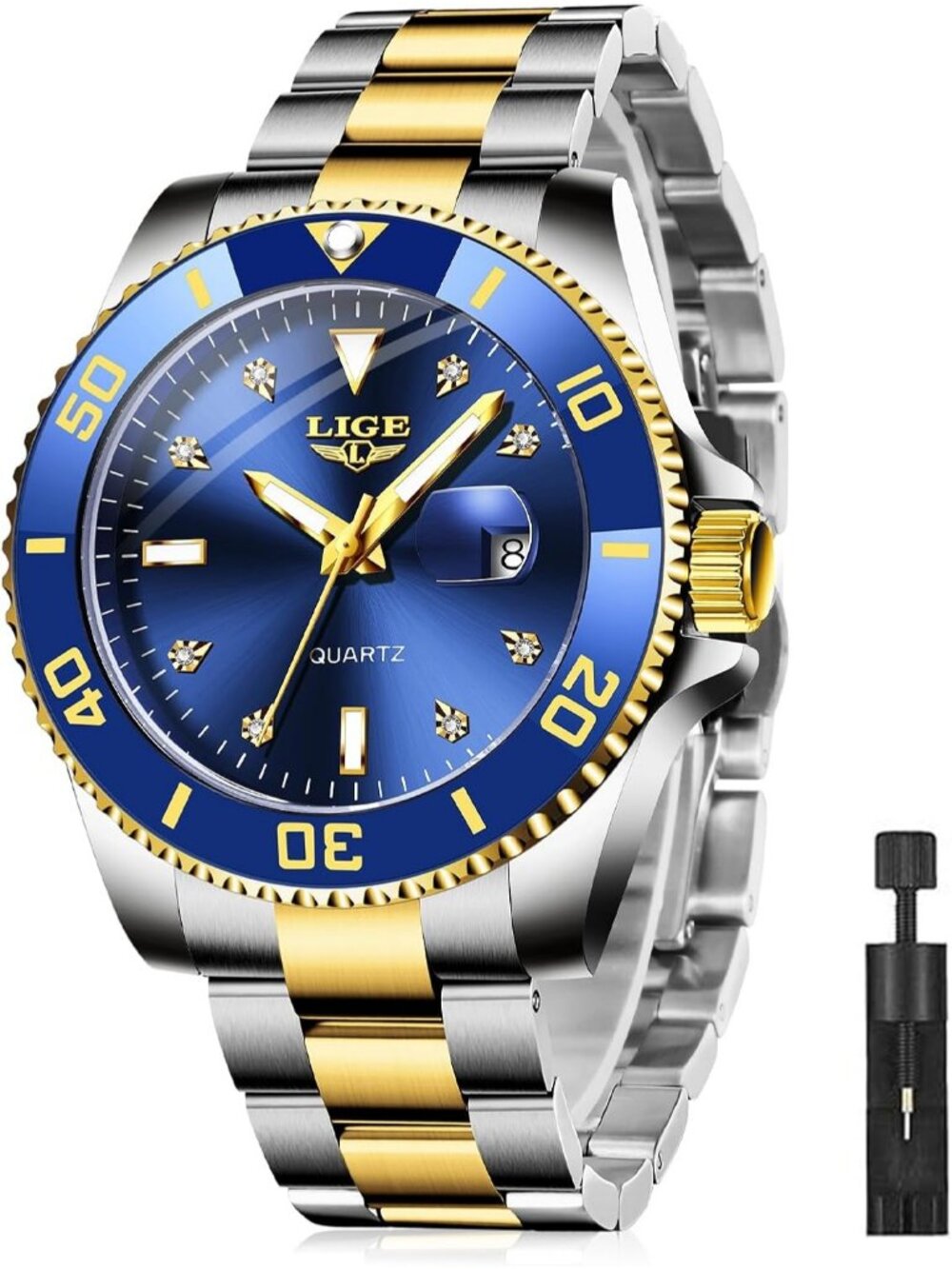 Men's Silver Gold Blue Quartz Analog Stainless Steel Waterproof Date Wristwatch